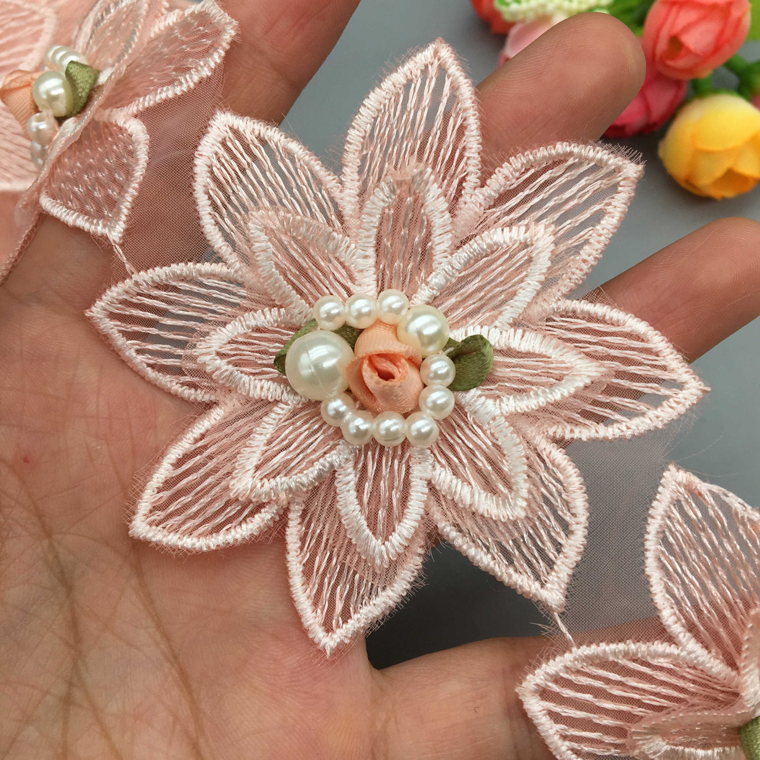 10x-Pink-7x7cm-3D-Pearl-Beaded-Flower-Embroidered-Lace-Trim-Ribbon-Fabric-Handmade-Wedding-Dress-Clothes