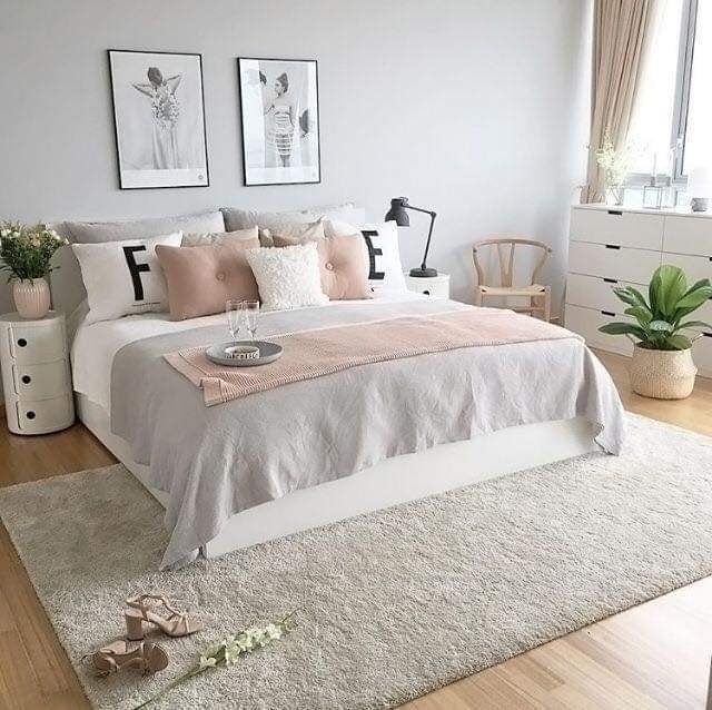 grey and rose gold bedroom
