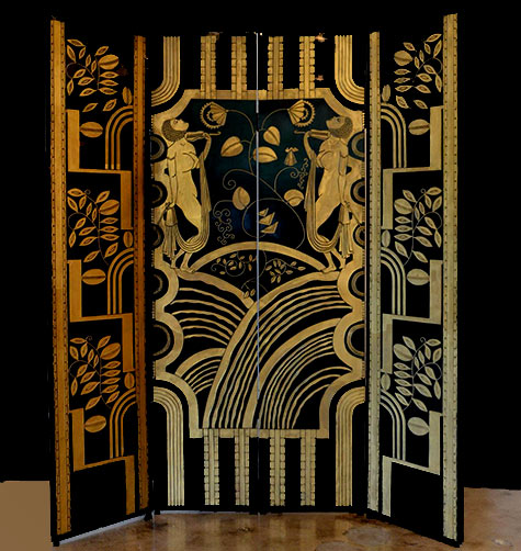 Black-Lacquer-and-Gold-Screen-Attributed-to-Paul-Feher-- Black Lacquer and Gold Screen-Attributed to Paul Feher