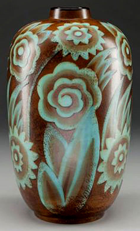 Boch-FrerÉs-Art-Deco-Glazed-Pottery-Floral-Vase,--glazed-pottery-roseville-pottery--- Boch-Freras-Art-Deco-Glazed-Pottery-Floral-Vase