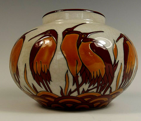 Bulbous french art deco porcelain red & orange stork vase Bulbous French art deco porcelain red & orange stork vase