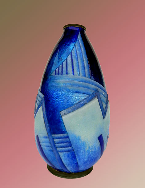 Camille-Faure-Art-Deco-Vase Blue Art Deco Copper Enamel Geometric Design Vase