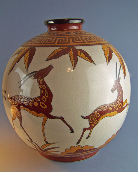 Continental-Art-Deco-style-Animated-Antelopes-Vase-by-Keralouvre-La-Louviere Continental Art-Deco style Animated Antelopes Vase by Keralouvre La Louviere