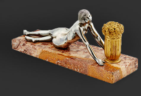 Silvered-bronze-French-Art-Deco-naked-girl-on-marble-plinth Silvered bronze French Art Deco naked girl on marble plinth