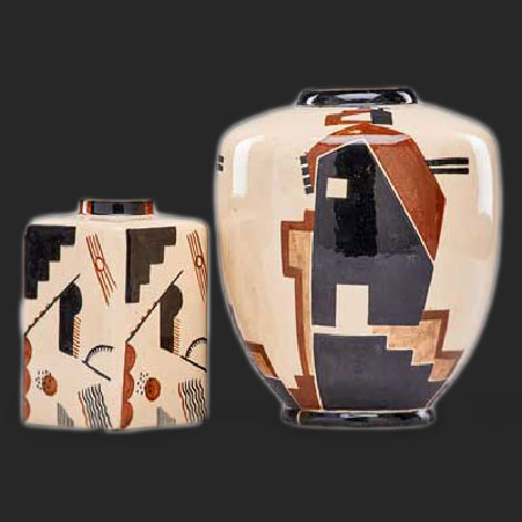 Two-Art-Deco-Cubist-vases Two Art Deco Cubist vases, France, 1925-33; Glazed earthenware; Both signed T R LALLEMANT MADE IN FRANCE---7.5inches