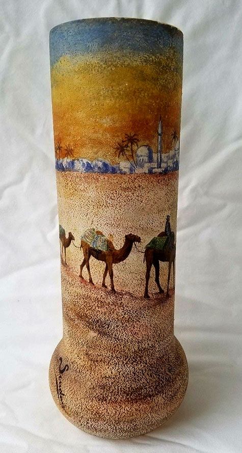 Vintage-Deco-French-Orientalist-Caravan-Scene-Painted-Glass-Vase